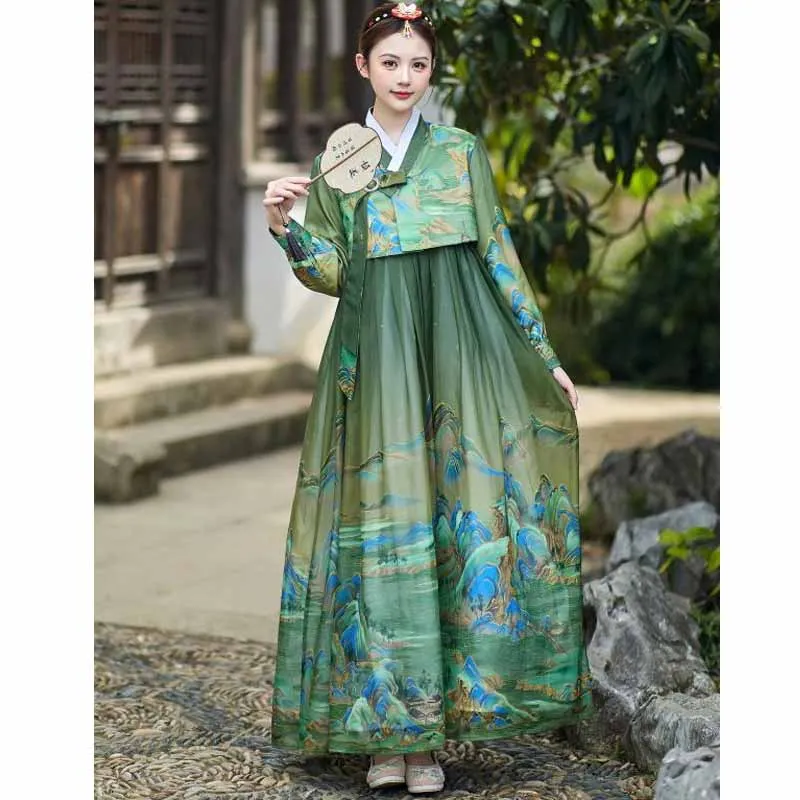 Women Hanbok Korean Costume Set Landscape Print Long Sleeve Top and Maxi Skirt Korean Ethnic Dress Folk Dance Stage Party Outfit