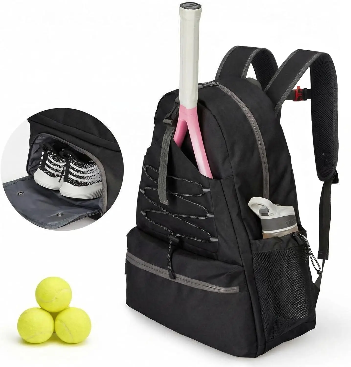 

Garvee Ventilated Shoe Compartment Tennis Backpack with Fence Hook, Polyester Sports Bag Holds 2 Rackets for Men Women Black