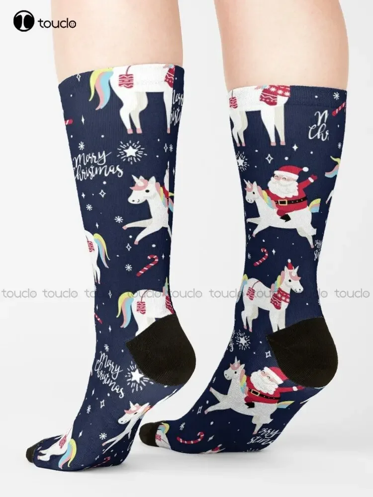 Calcetines con patrón navideño de unicornio para montar en Papá Noel, calcetines para correr para mujer, calcetines personalizados Unisex para adultos, adolescentes y jóvenes, regalo personalizado