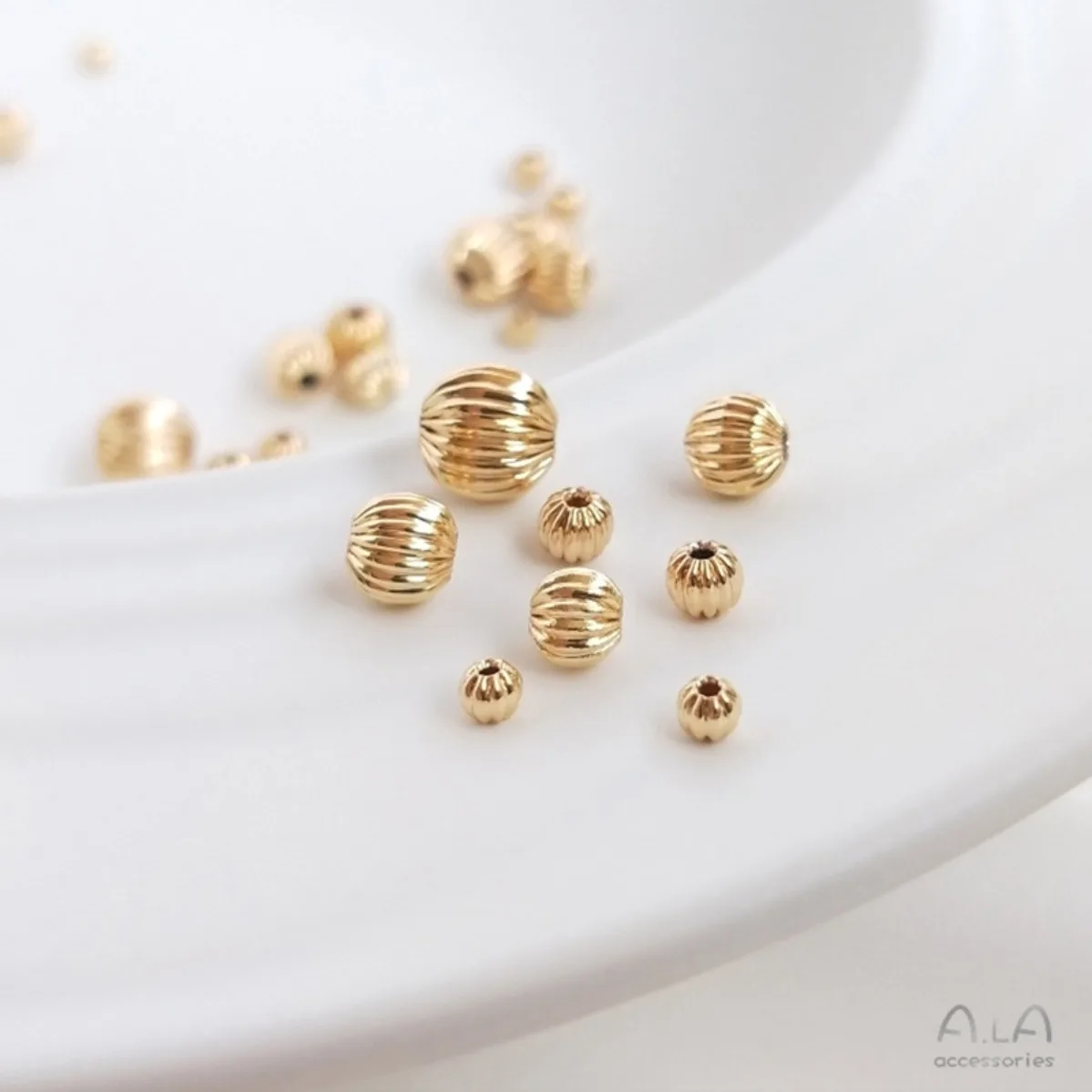 Brass 14K Gold Plated Lantern Watermelon Pumpkin Textured Spacer Beads DIY Bracelet Necklace Jewelry Findings