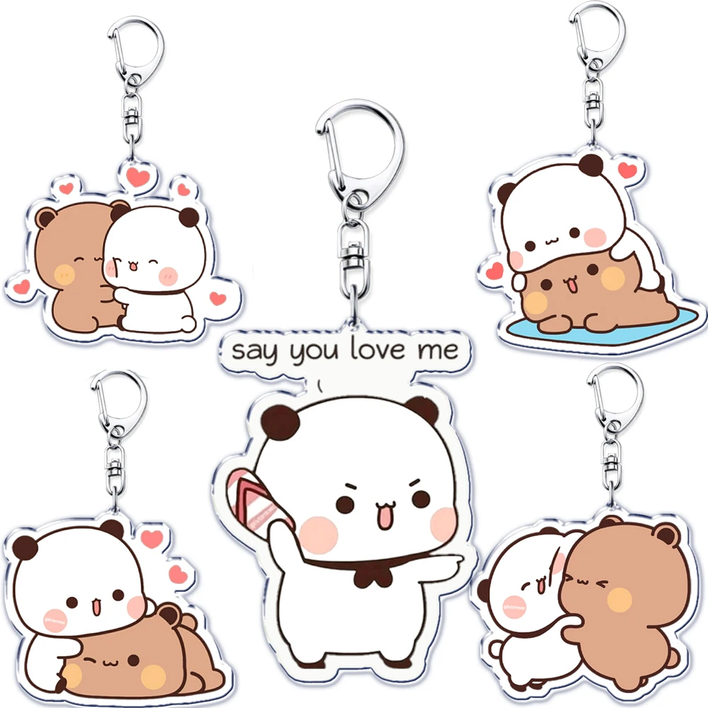 Super Cute White and Grey Couple Kiss Bear Acrylic Keychains Ring for Accessories Bag Pendant Key Chain Jewelry Fan Love Gifts