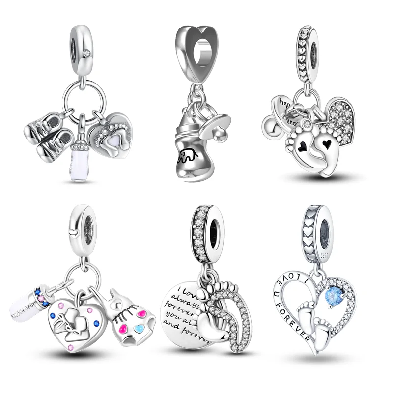 925 Sterling Silver Forever Love Baby Pacifier Bottle Footprints Dangle Charm Bead Fit Pandora Original 925 Bracelet DIY Jewelry