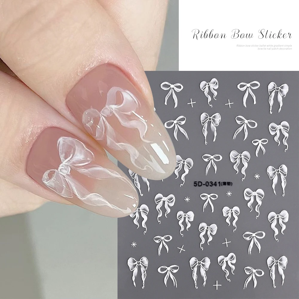 Autocollants Nail Art auto-adhésifs, dentelle perlée 5D, ruban blanc, nœud papillon, rose, fleur blanche, nœud, décalcomanie pour ongles, curseur de mancure