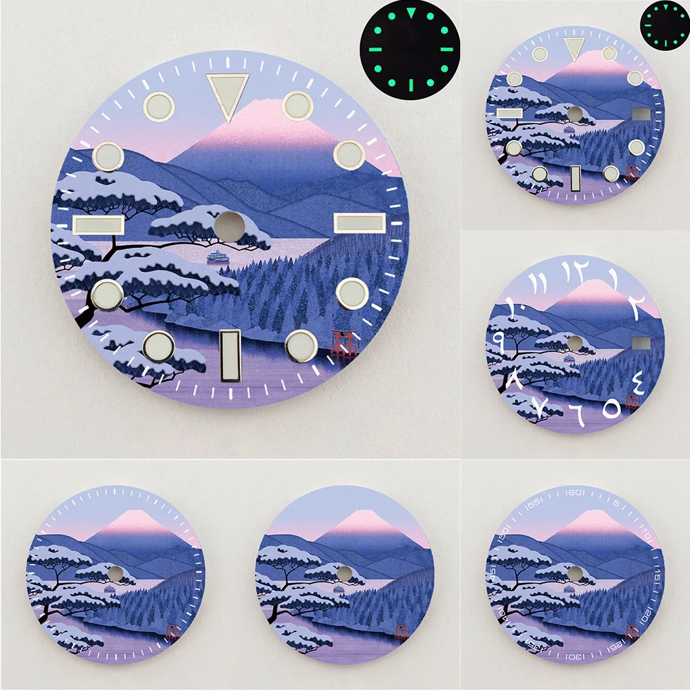 28.5mm NH35 Dial Snowy Mount Fuji Scenery Dial Luminous Dial Colorful NH36 Dial Watch Accessories Fits NH35/NH36 Movement
