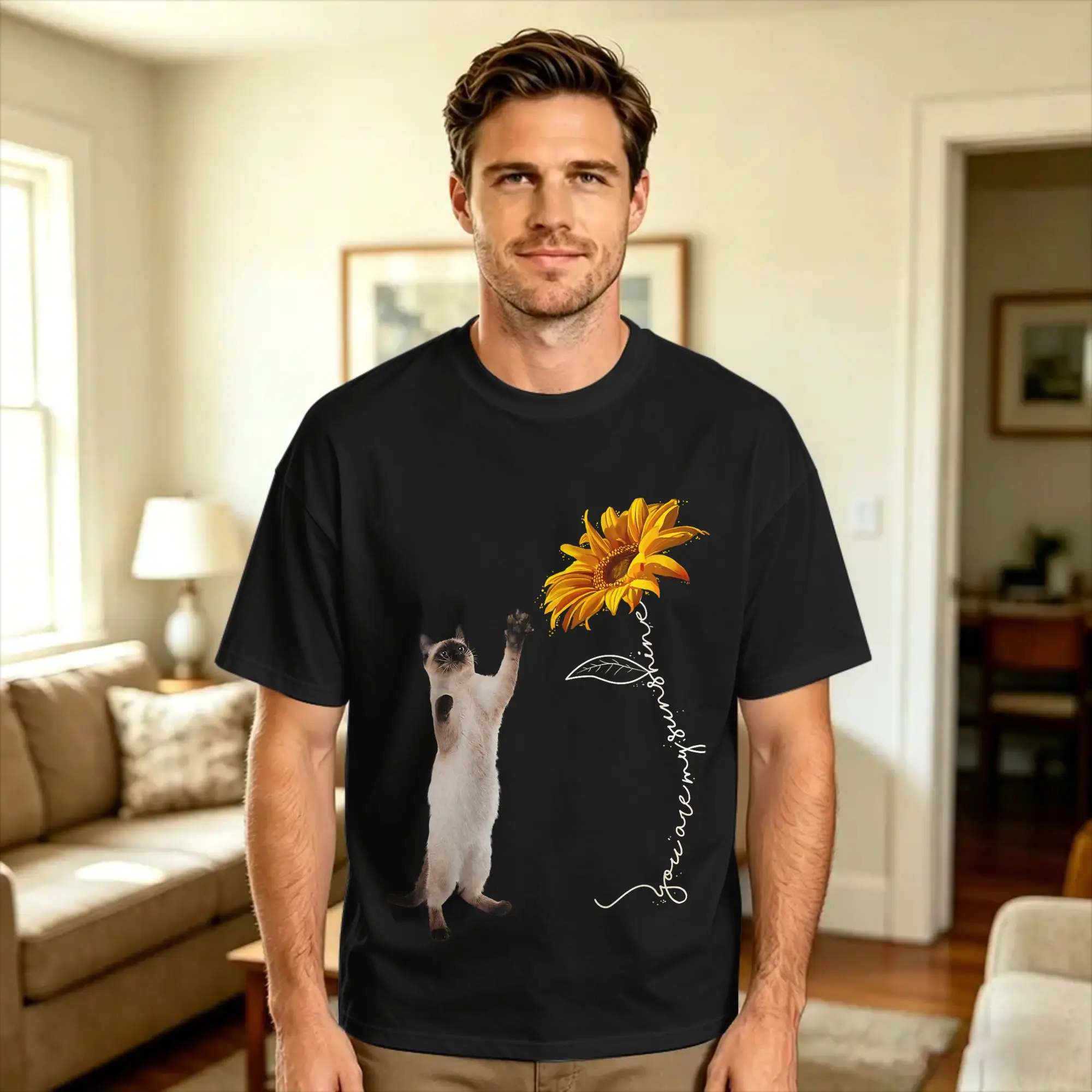 Vintage T Shirt Summer Siamese Cat Reaching the Sunflower Fashion T Shirts  Pure Cotton Tshirt for Men Y2K Short Sleeve Top Tees