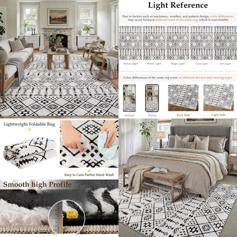 

Large 8x10 Moroccan Shag Rug - Black & White Boho Style, Soft, Washable for Living Spaces, Bedrooms, Offices & More