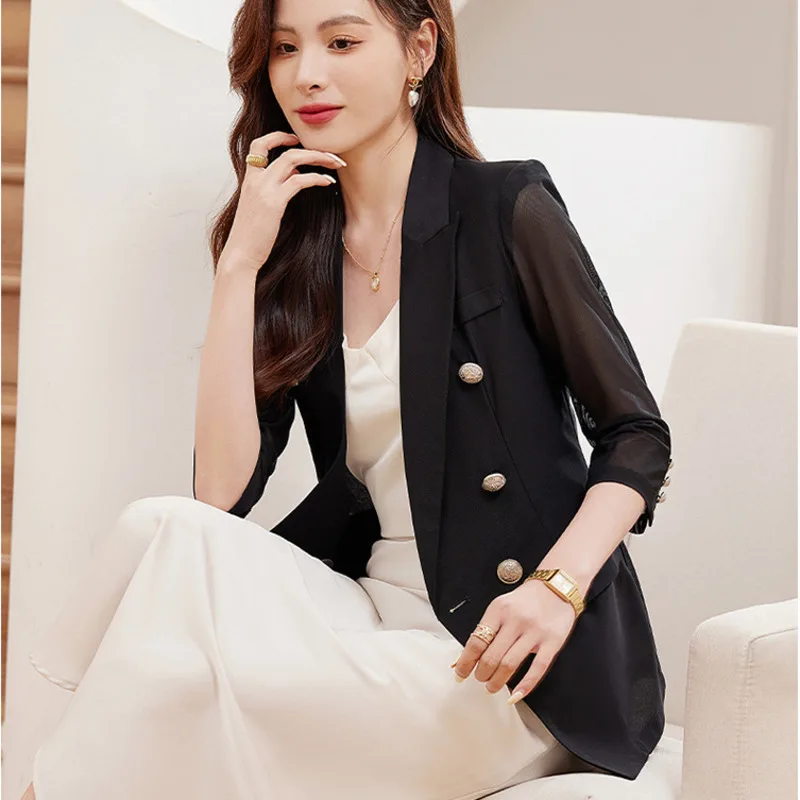 #5275 Summer Black White Mesh Sleeve Short Blazer Women Single Buttons Sexy Thin Perspective Sunscreen Blazer Jacket Femme Slim