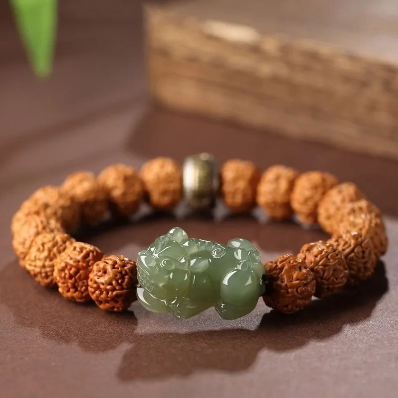 Premium Vajra Bodhi Seed Bead Bracelet, Full-Grain Men'S Hetian Jade, Fortune-Bringing Pixiu, Buddhist Beads