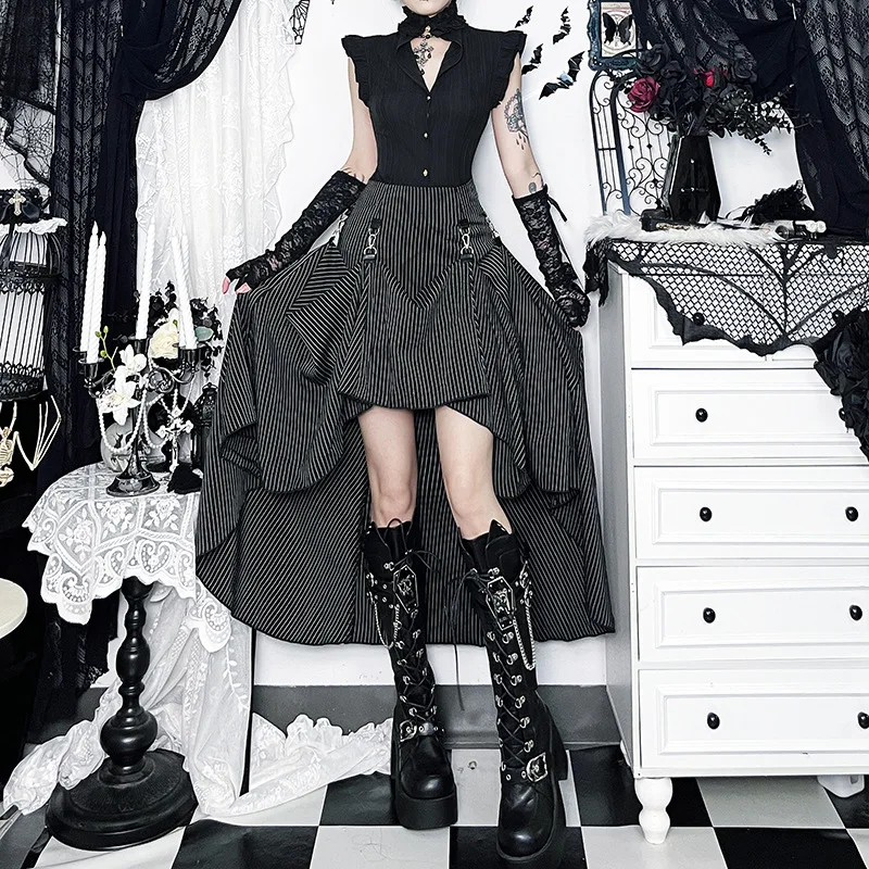 2026 Spring New Arrival Women 2 In 1 Convertible Long Skirt Gothic Striped Streetwear Banquet Dress Skirt