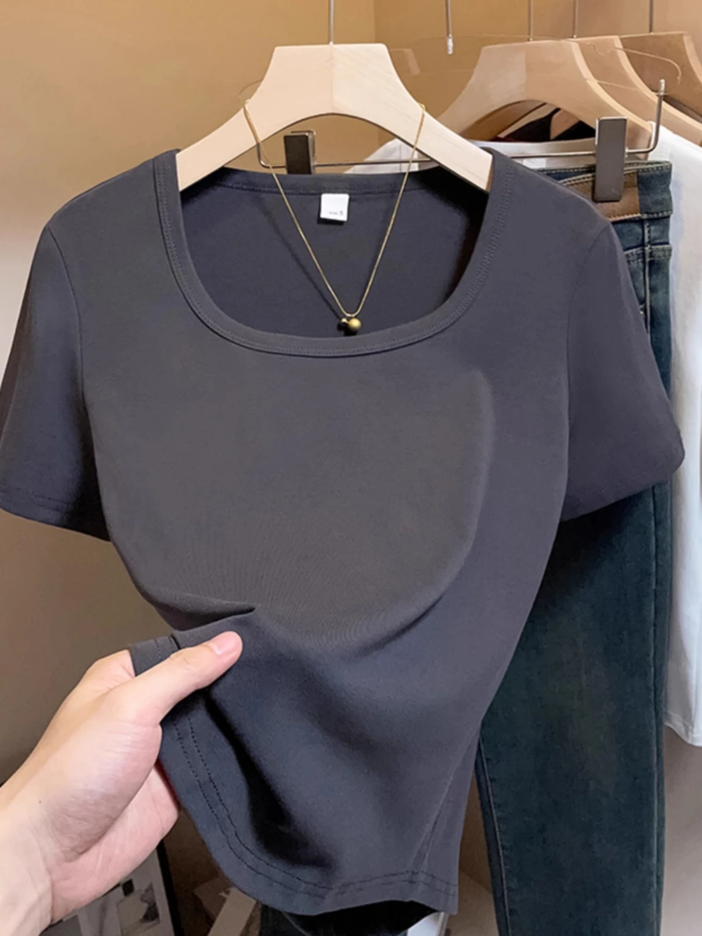 

Slimming Short Sleeve T-Shirt Women's Square Collar Base Layer Top Large Size Conceals Clavicle Summer Fashion Pure Color