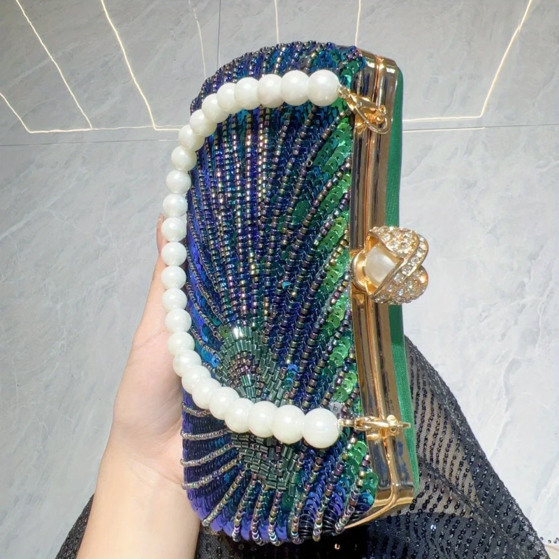 Glam Peacock‑Feather Pattern Evening Crossbody Bag, Handmade Pearl & Sequin Bead Embellished Women Handbag, Perfect for Banquets, Parties, Holiday Gifts and Formal Outfit Matching