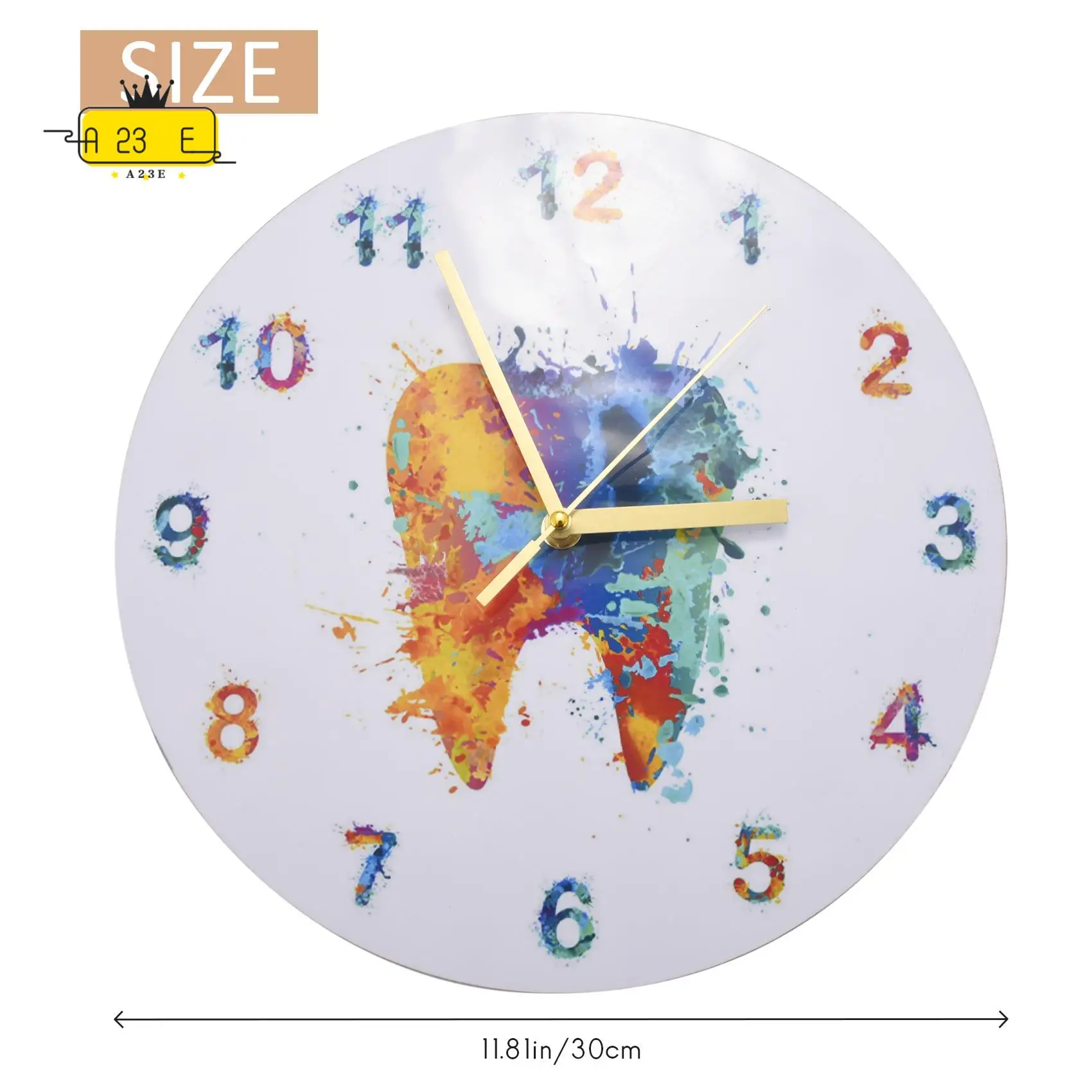 

A23E-Watercolour Tooth Painting Print Wall Clock Clinic Wall Art Non Ticking Wall Watch Orthodontist Dentist