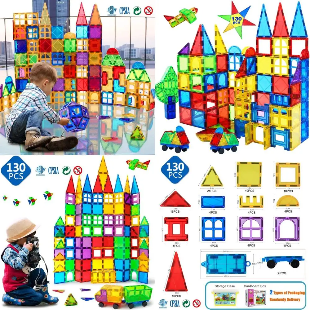 130ピース 磁気ブロックセット 4歳から10歳向け、男の子と女の子のための教育用磁気タイルおもちゃ