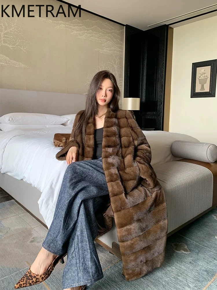 KMETRAM Real Velvet Mink Fur Coat Woman Luxury Whole Mink Fur Jacket New Winter V‑Neck Long Coats Women Clothing 110cm 2026 шуба