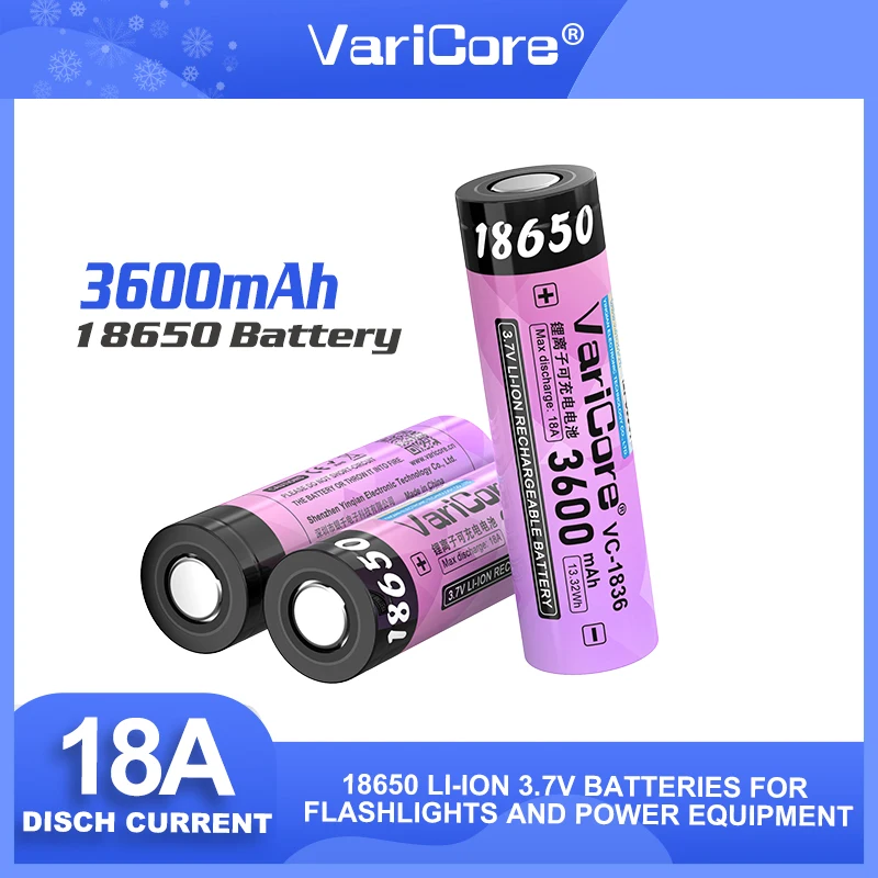 VariCore VC-1836 3.7V Li-Ion 18650 Baterai Lithium 3600MAh Baterai Isi Ulang 18A Saluran Tinggi untuk Lampu Senter Vaping