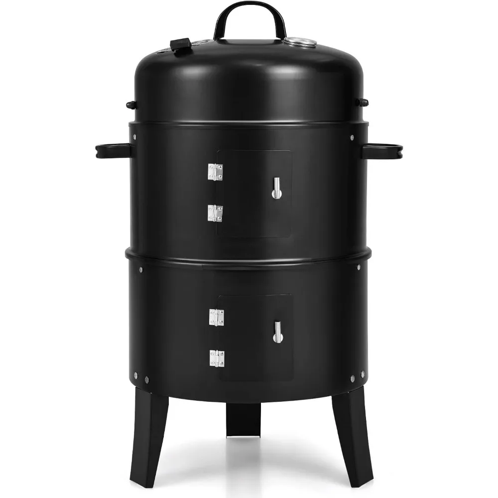 

3-in-1 Charcoal BBQ Smoker Grill Cooker with Thermometer and Hooks for Outdoor Cooking
