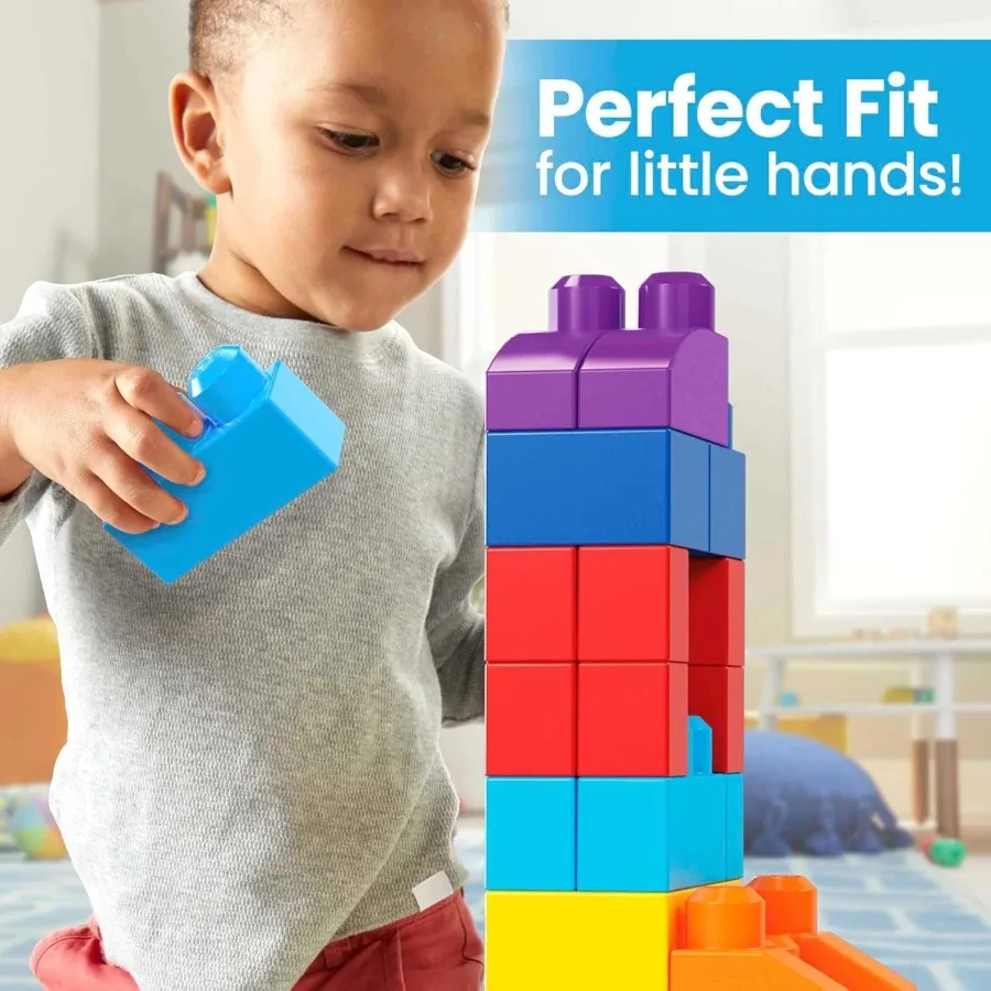 MEGA BLOKS Set di giocattoli per primi costruttori per bambini con 80 pezzi e custodia in blu, ideale per giochi creativi e iniziale
