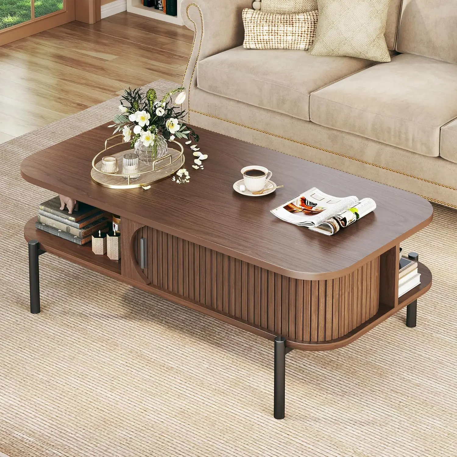

39.4" Mid Century Modern Coffee Table with Storage Open Shelf Fluted Sliding Cabinet Door 2-Tier Rustic Wood Walnut, Customized