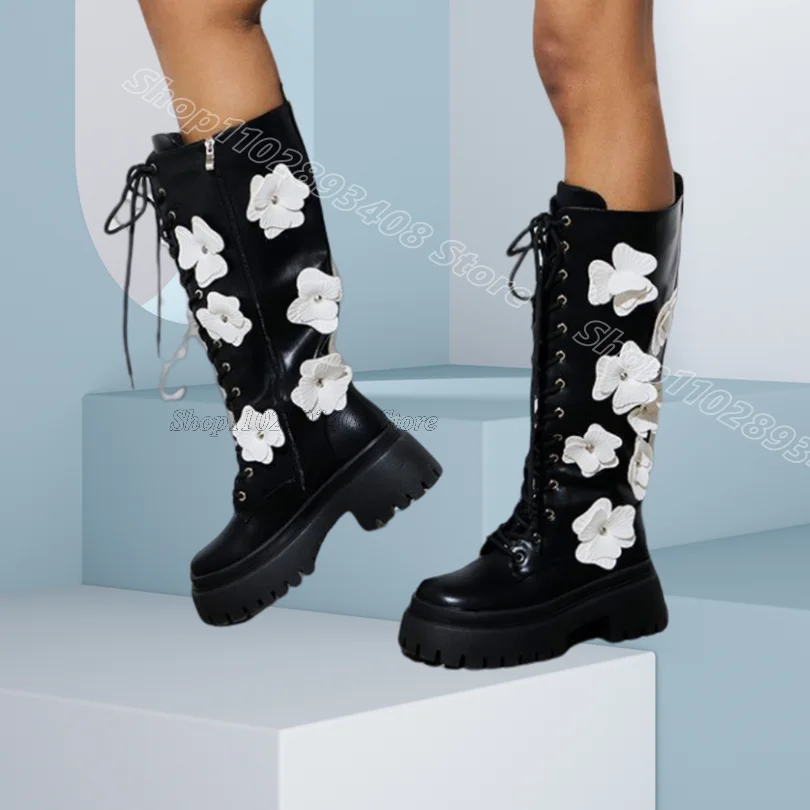 

Black Flower Decor Lace up Boots Platform Stiletto Heels Punk Style Fall Women Casual PartyKnee Boots 2025 Zapatos Para Mujere