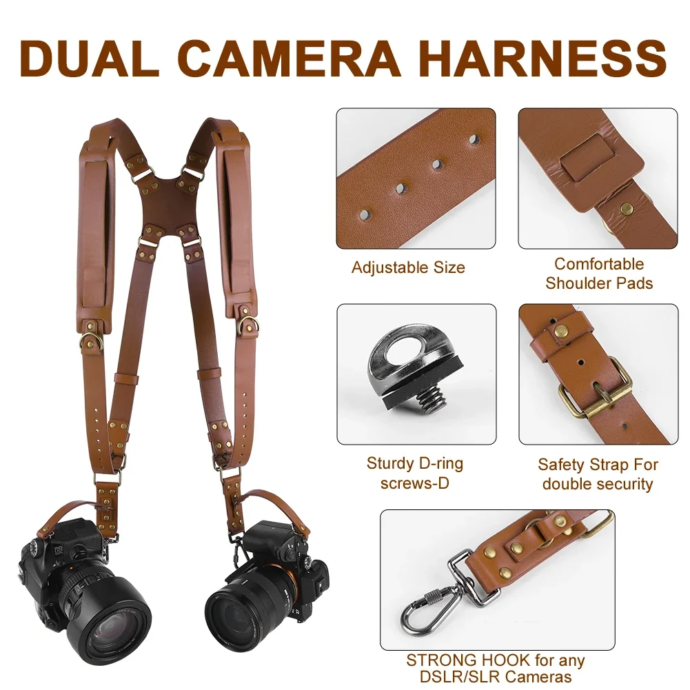 Universal Dual Camera Leather Strap Double Cameras Washable Harness Adjustable Carry Shoulder Straps For DSLR/SLR Cam Accessorie