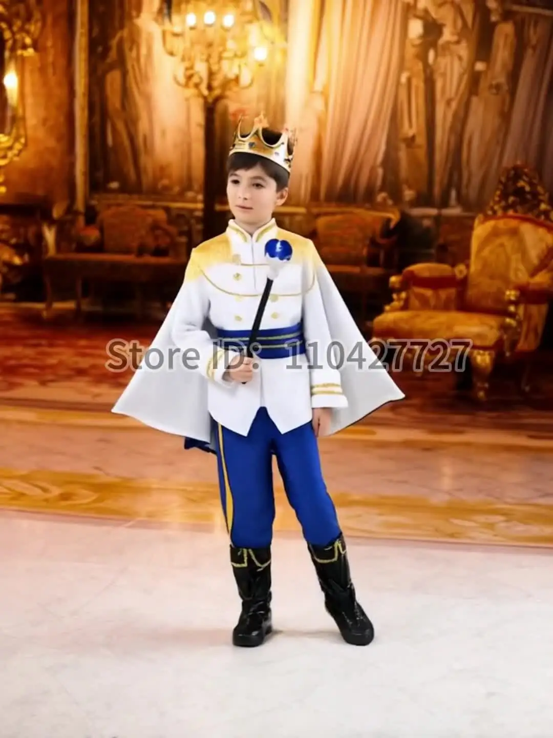 Boy's King Prince Cosplay Costume Prince Crown Scepter Cloak Royalty Suit Halloween Birthday Carnival Costumes Fancy Dress Up