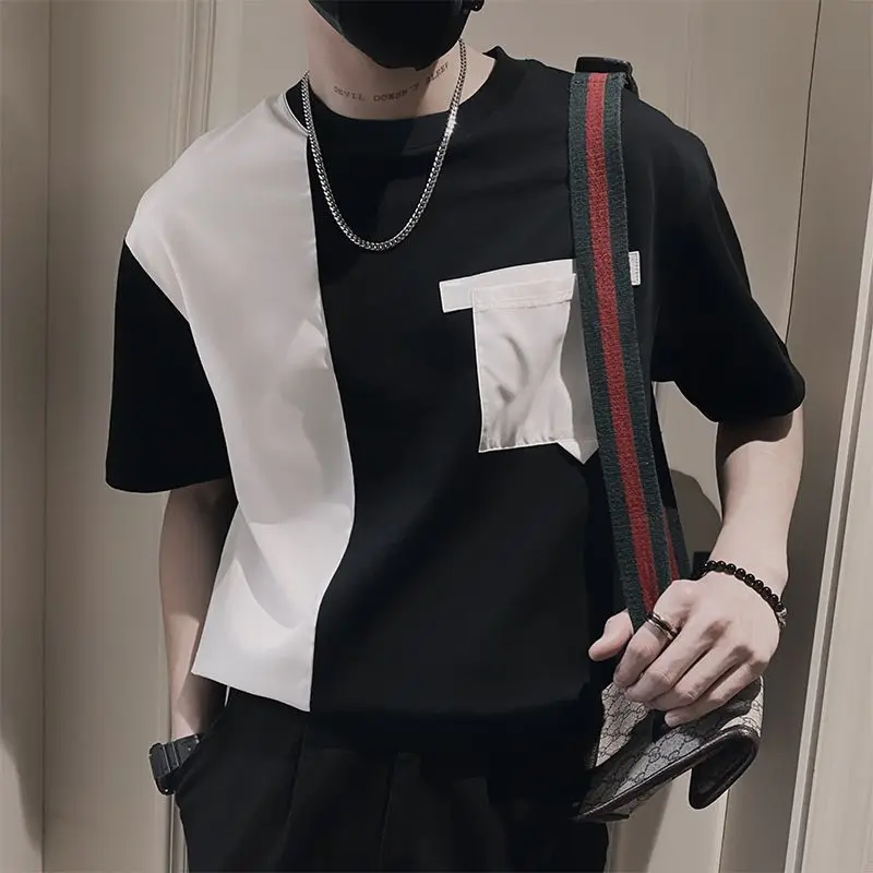 Fashion O-Neck Pockets Spliced Korean Short Sleeve T-Shirts Men Clothing 2024 Summer New Loose All-match Tops Casual Tee Shirt