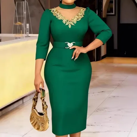 

Africa Clothing Women Dresses Mock Neck Lace Patchwork 3/4 Sleeves Office Ladies Work Business Party High Waist Slim Gowns