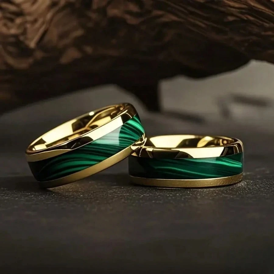 Fashion 8MM Gold Color Stainless Steel Rings For Men Domed Green Abalone Shell Inlay Rings Wedding Engagement Jewelry Gift