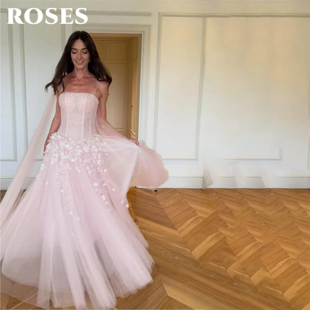 ROSES Blush Pink Evening Dress Spaghetti Strap Prom Dress with 3D Floral Tulle Train Party Dress Gala Dress for Women Customized