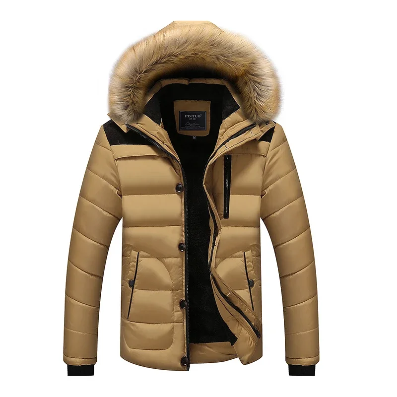 Solid Color Men's Parker Thicken Warm Coat Fashion Men's Fur Collar New Clothing Plus Size Waterproof Hooded Winter Parker Coat