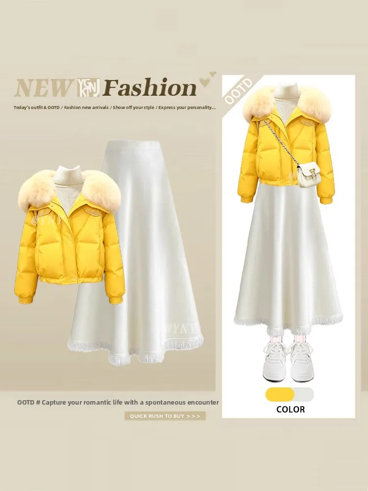 

Элегантный зимний модный комплект: хлопковая куртка с меховым воротником, юбка А-силуэта с завышенной талией и женский вязаный топ с длинным рукавом