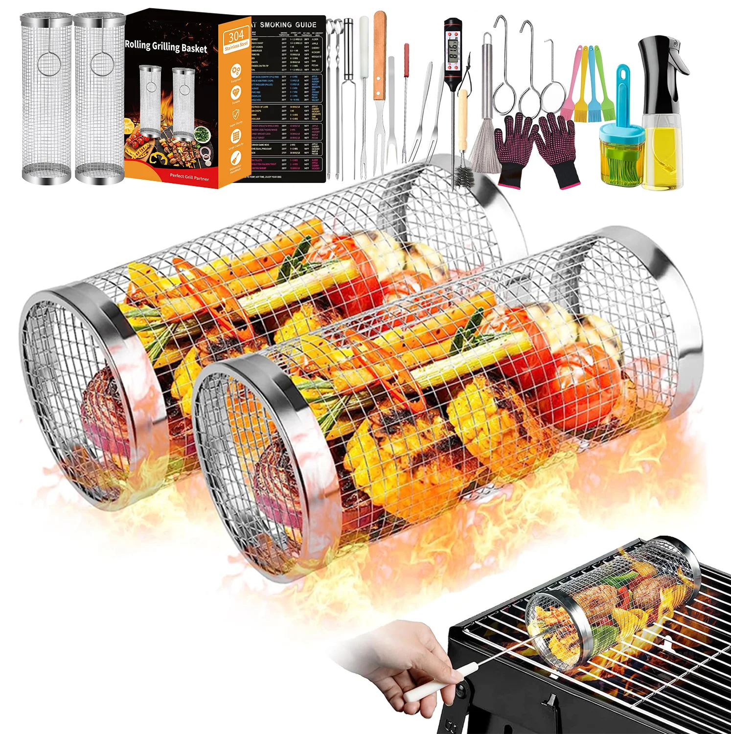 

2024 Stainless Steel Rolling Grilling Basket Net Portable Outdoor Camping Barbecue Rack Bbq Grill Basket for Roasting Meat