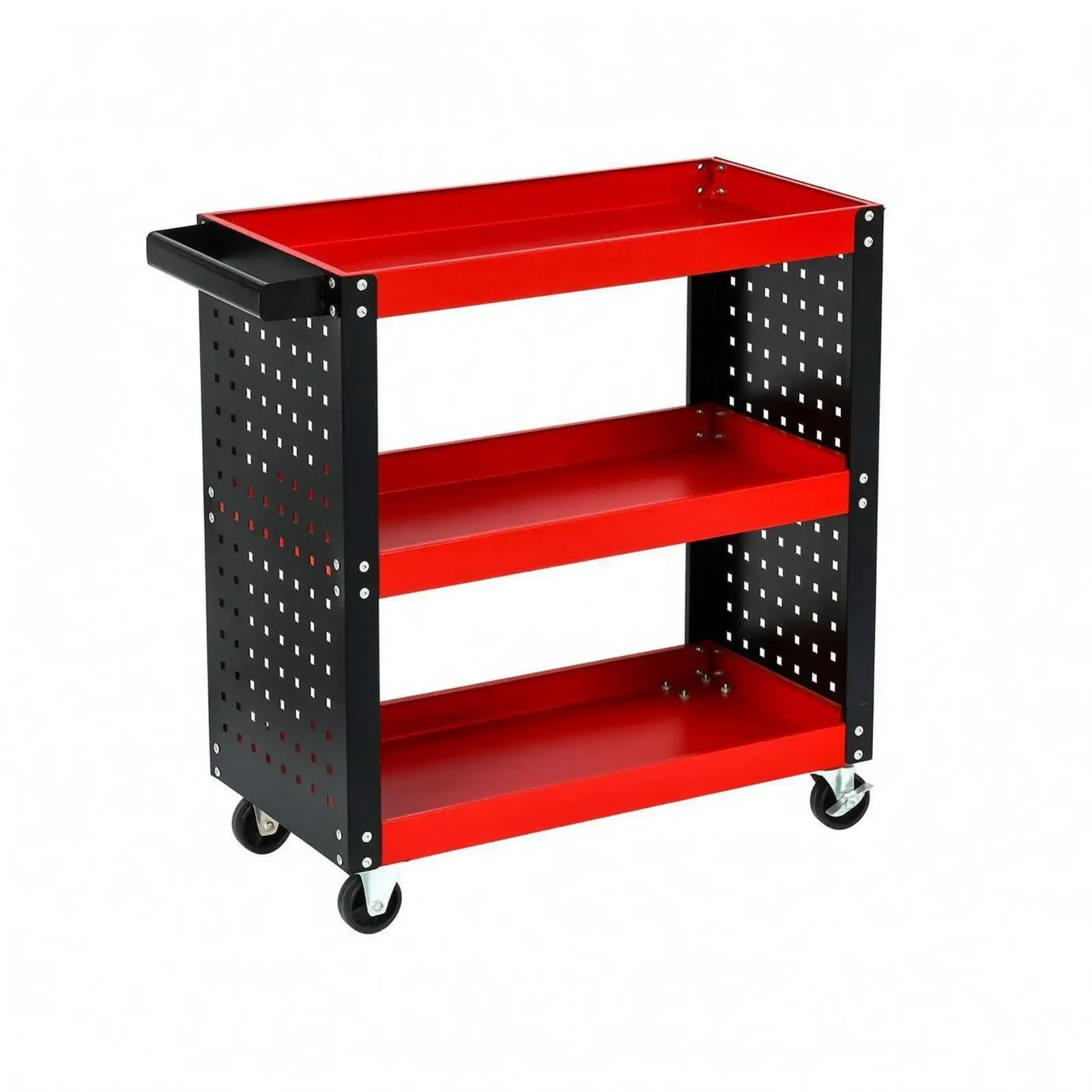 Rolling Metal Tool Cart Perforated Three-Tier Utility Side Handle Handle