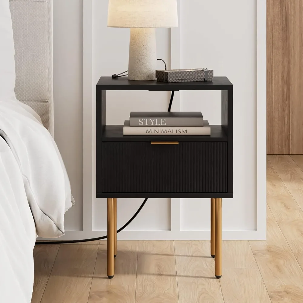 

Nightstand with Charging Station,Mid-Century Modern Bedside Table with Storage Drawer and Open Wood Shelf,Small Gold Fram