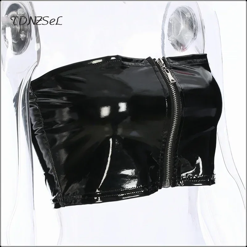 Sexy Damen-Bandeau-Tube-Top aus glänzendem Kunstleder mit Metallreißverschluss, trägerloses Crop-Top, Y2K Rave Clubwear, Sommerparty, UK – Detail 6