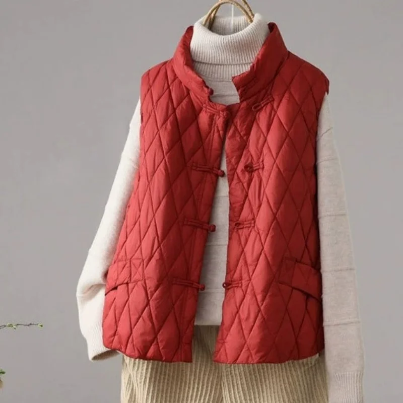 Winter Chinese Style Frog Sleeveless Down Waistcoat Parkas Women Warm Light White Duck Down Vest Coat Female Short Tank Jacket