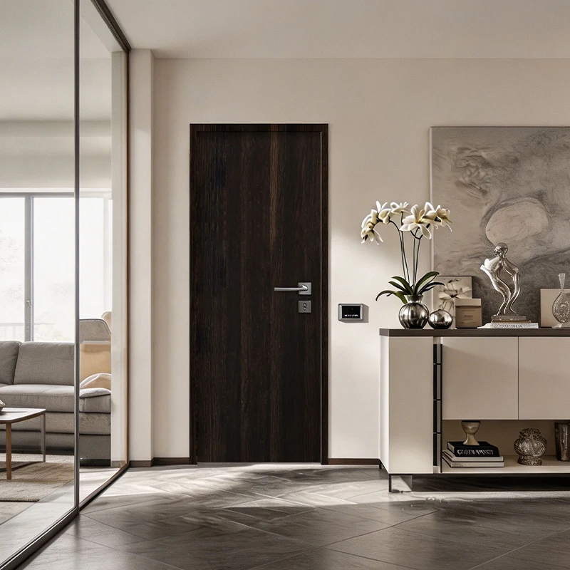 #Dark Wood Grain Hidden Frame Solid Wood Interior Door Modern Luxury Soundproof Waterproof Flush Bedroom Door Custom Timber