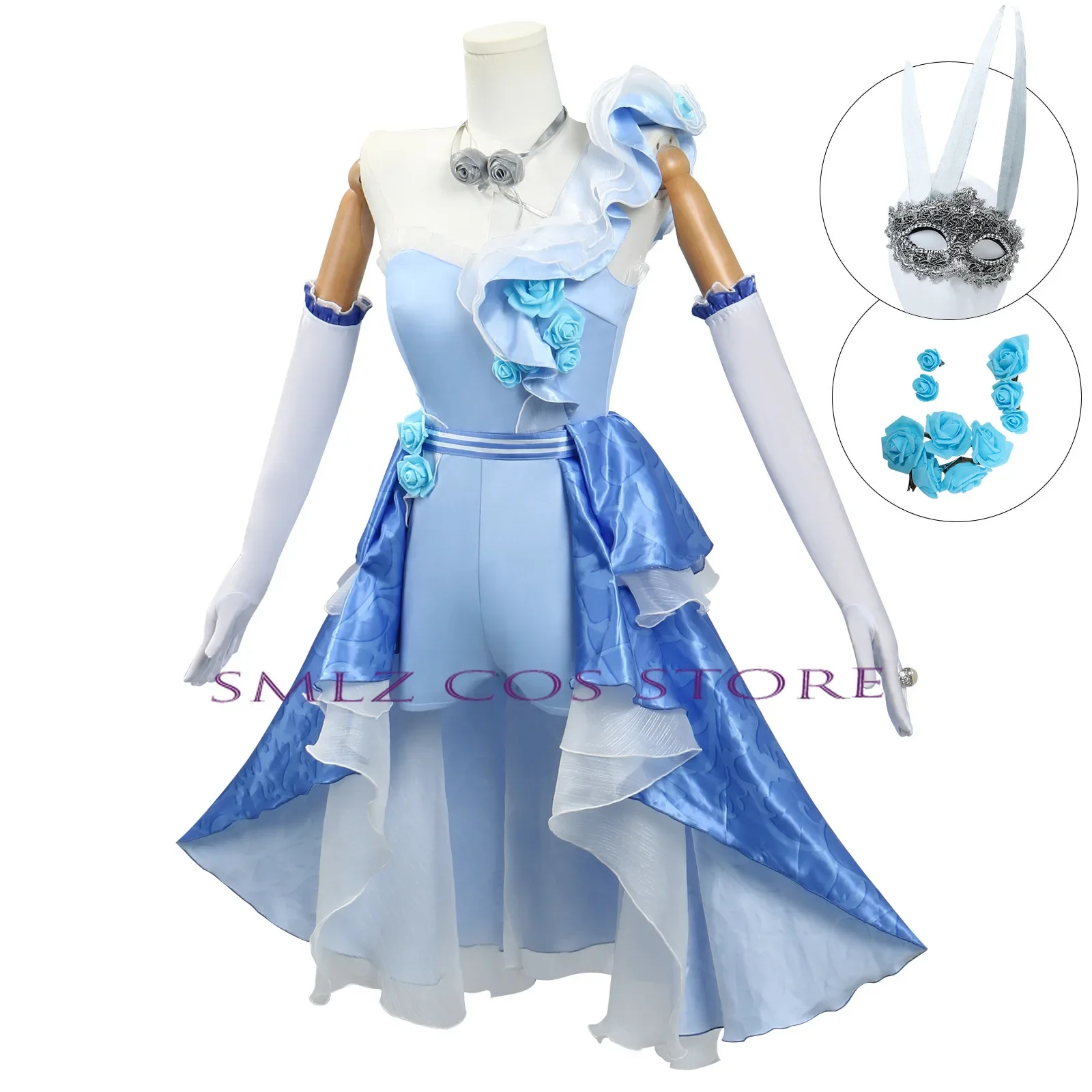 Demi Bourbon Cosplay Anime Spiel Identität antike Kostüm Barmaid blau Kleid Maske Requisite Perücke Set Party Karneval Outfit für Frau