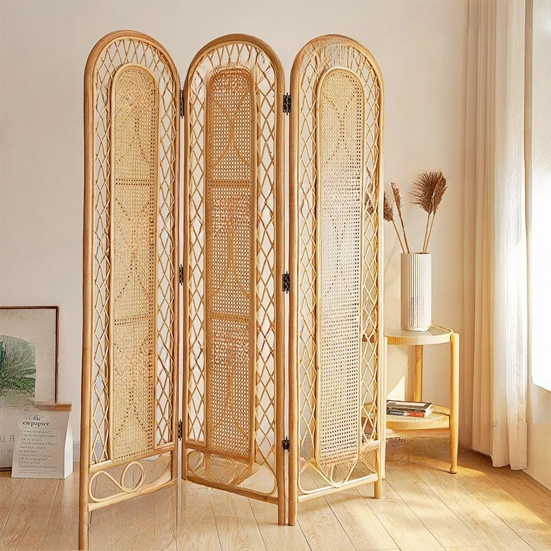 Rattan woven floral window screen, woven natural rattan folding screen, entryway partition, home mobile Japanese minimalist
