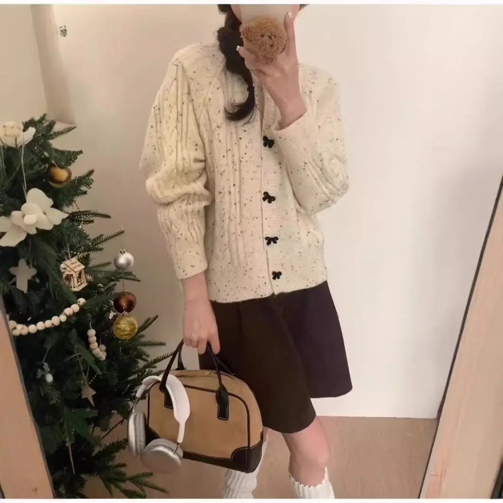

Korean Style Women's Bow Knitted Sweater Jacket Gentle Design Soft Waxy Material Cardigan for Ladies