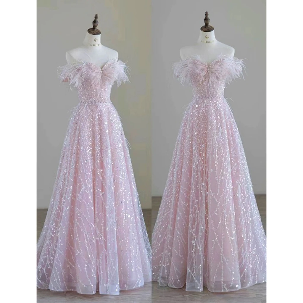 Elegant Pink Bridesmaid Dresses Feather Bow Beading Sequins Pearls Applique Strapless Long A-line Wedding Party Prom Gowns New