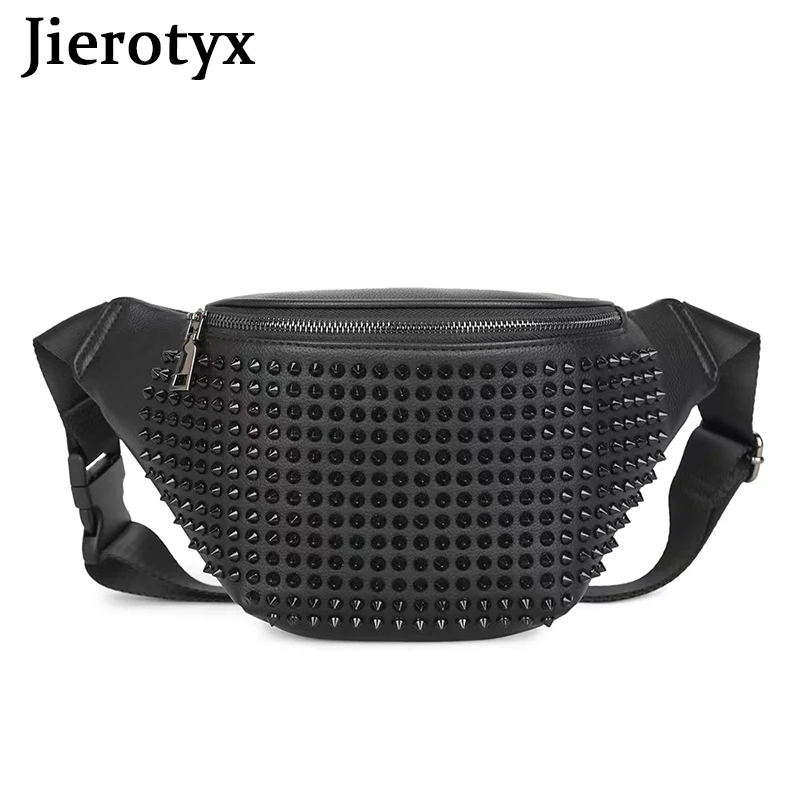 JIEROTYX Personality Leather Fanny Pack Vintage Rivet Waist Chest Bags Pouch Studded Belt Bag for Women Gothic Style