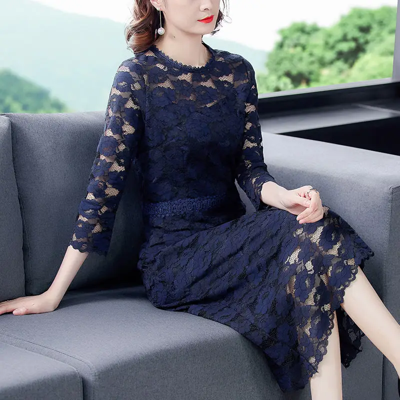 

Autumn dress lady all-match skirt temperament dignified and elegant goddess solid o neck lace short sleeve casual dress female