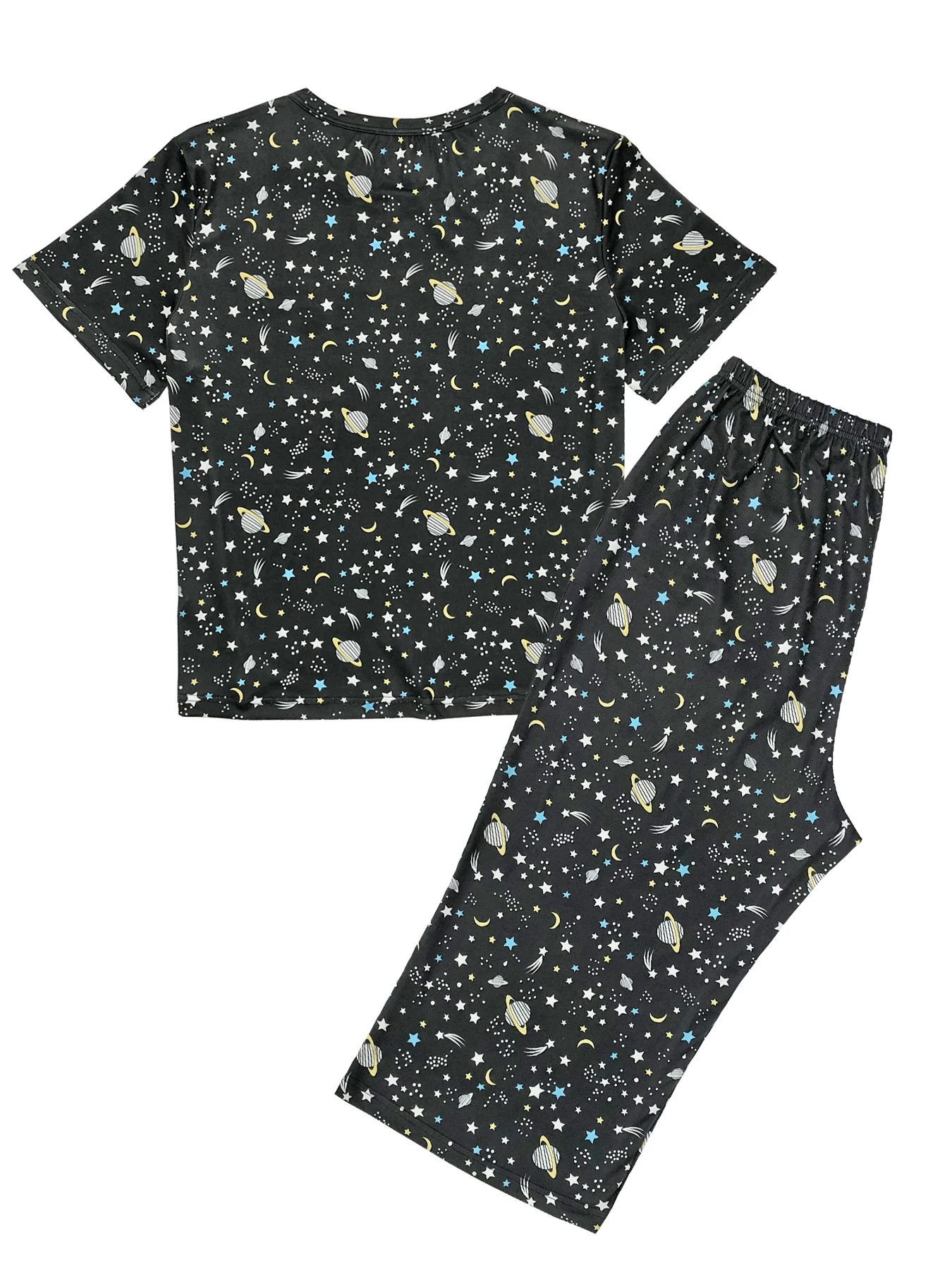 Galaxy Print Pajama Set For Women Casual Short Sleeve Round Neck Top Capri Pants Women\'s Sleepwear Set