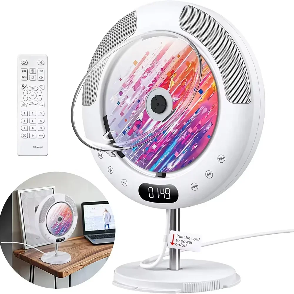 LED Display Wall Mount CD Player Round Home Desk Stand Bluetooth Speaker High-fidelity Lossless Small Music FM Radio Support USB