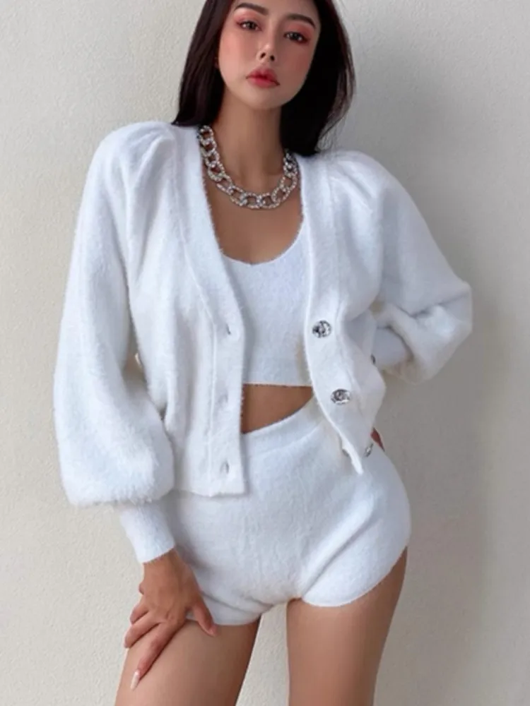 Women\'s 3-piece Set Korea Style White Cardigan Furry Single-breasted Button Tank Top Knitted Sweater Jumper Shorts Pants Set