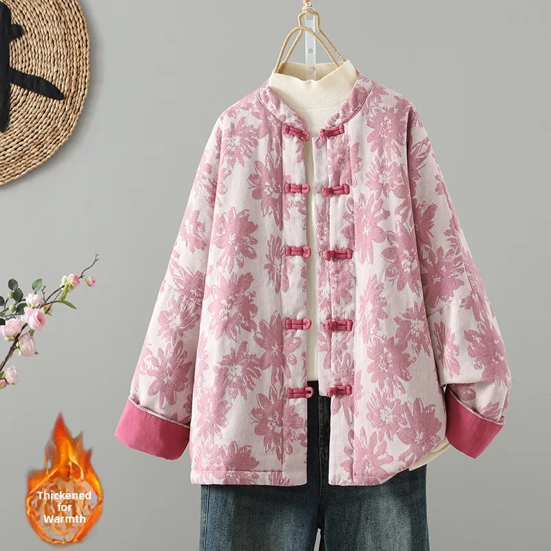 معطف Thiened Long Sve بياقة واقفة من القطن Jaet شتاء دافئ تقليدي صيني مطرز ملابس خارجية للعام الجديد #2