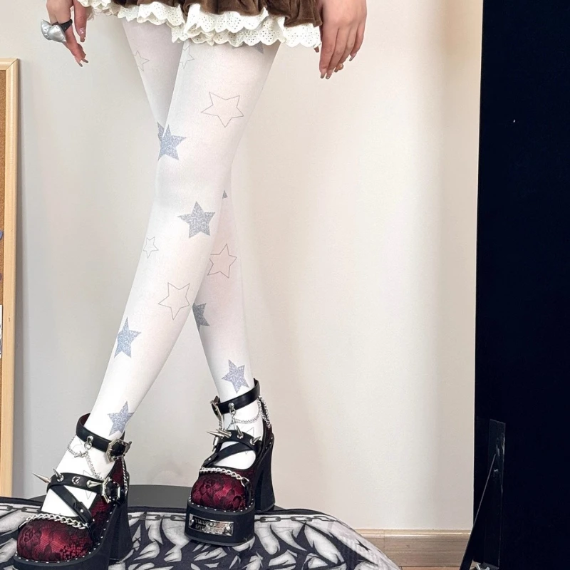 Japanese Design Lolita Girl Sweet Five-Pointed Star Velvet Women's Socks 2025 Spring Autumn New White Bottoming Tights Ladies