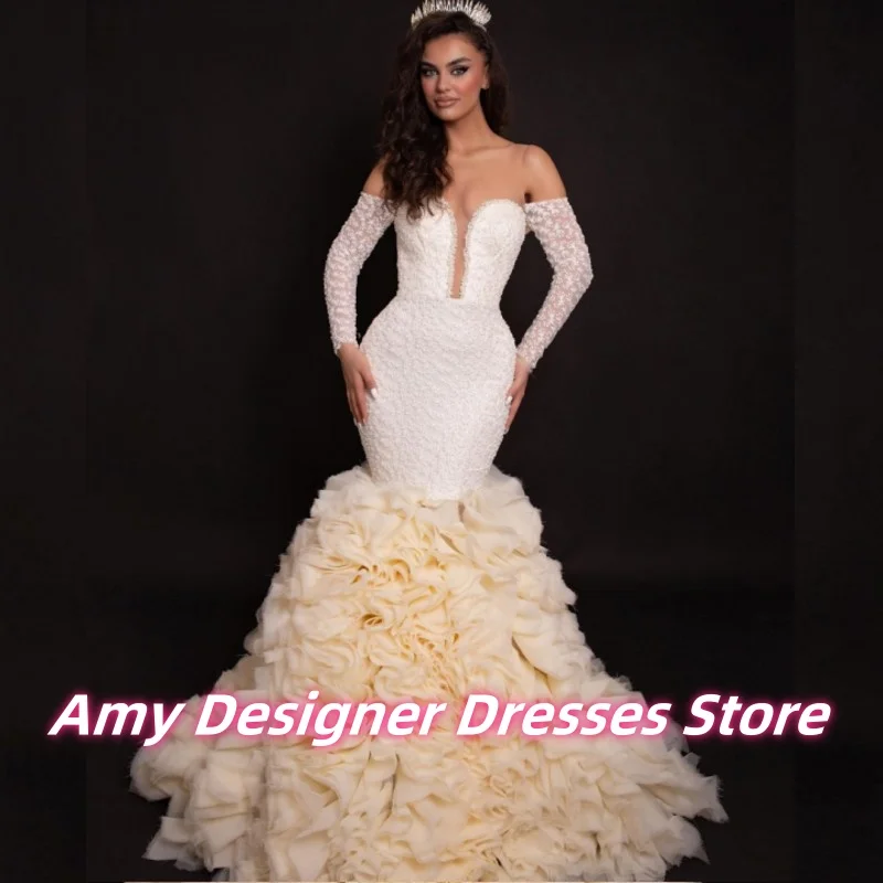 Customized Arabic Females Luxurious Off The Shoulder Wedding Dresses With Multi-Layered Ruffles Long Mermaid Bride Gowns 2025