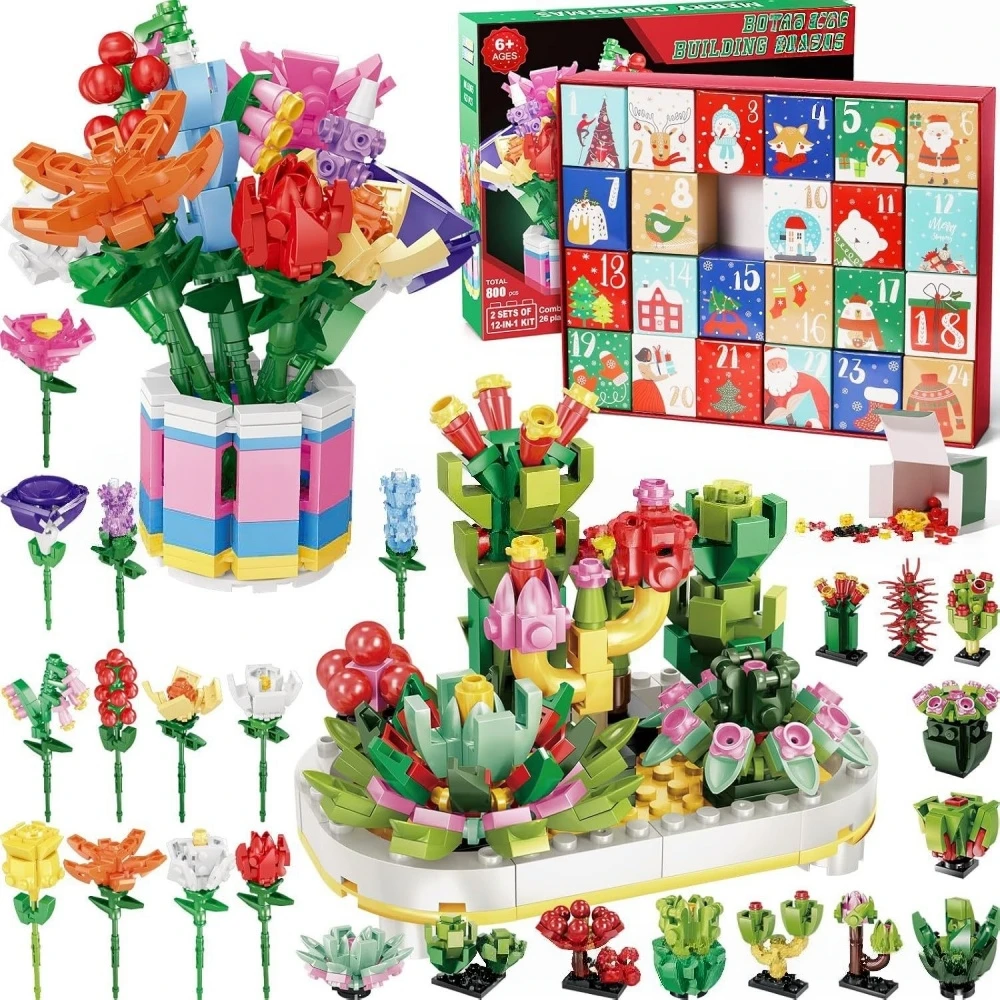 Christmas 24‑Day Countdown DIY Flower Bouquet Building Blocks, Xmas Decorative Set, Holiday Table Ornaments & Party Gift Favors